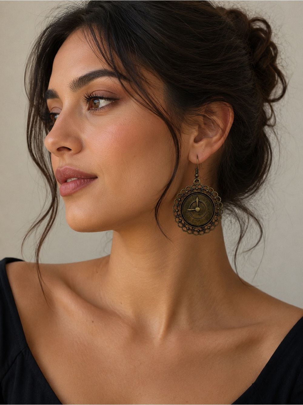 Vintage-Style Bronze Filigree Circle Drop Earrings